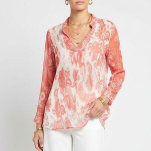 Uniform Orange & White Embellished Sheer Long Sleeve Tunic Top L